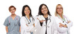 Hispanic Female Doctor or Nurse with Baby Shoes and Support Staf