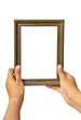 Picture frame in woman hand isolated on white background