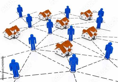 Illustration: Real Estate Market, blue and red house network Real Estate Market, blue and red house network