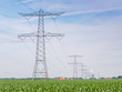 Row of power pylons and lines in a rural landscape