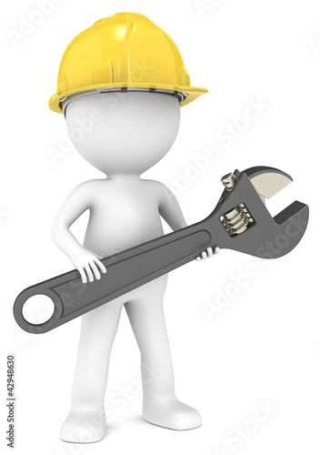 Illustration: 3D little human character The Builder with a Wrench. 3D little human character The Builder with a Wrench.