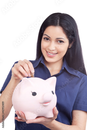 Photo: Smiling Woman Holding Piggy Bank Smiling Woman Holding Piggy Bank