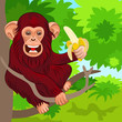 Vektor: vector happy monkey chimp in the jungle with banana vector happy monkey chimp in the jungle with banana