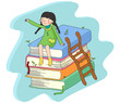 Girl sitting on stack of books