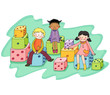 Children sitting together on dices