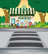 family crossing road near coffee shop