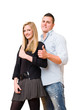Photo: Young student couple showing big thumbs up. Young student couple showing big thumbs up.