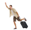 Photo: Worried tourist with wheels bag hurry to airplane Worried tourist with wheels bag hurry to airplane