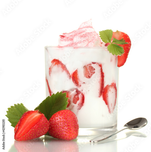 Photo: tasty yogurt in glass and strawberries isolated on white tasty yogurt in glass and strawberries isolated on white