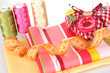 Sewing accessories and fabric close-up