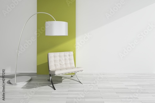 Illustration: 3D Rendering white chair with white lamp 3D Rendering white chair with white lamp