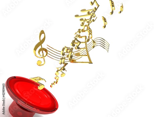 Illustration: red loudspeaker that emits golden note of music red loudspeaker that emits golden note of music