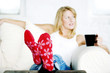 Mature lady wearing a pair of red flowery sock