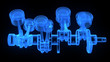 V8 engine pistons on a crankshaft, blue x-ray version