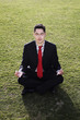Businessman meditating on the field