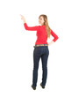 young woman showing something up, full length
