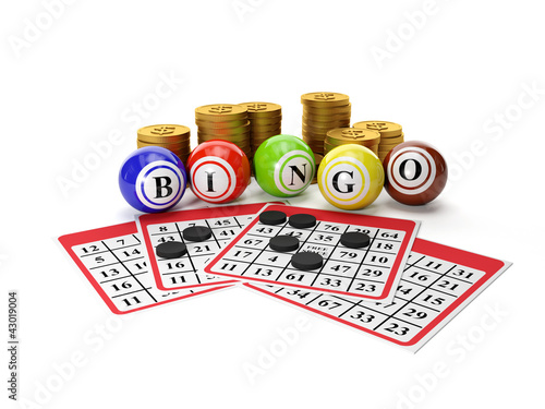 Illustration: 3d illustration: Lottery Bingo and a group of gold coins. Gamble 3d illustration: Lottery Bingo and a group of gold coins. Gamble