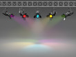 Multicolor spotlights illuminated wall. Space for text
