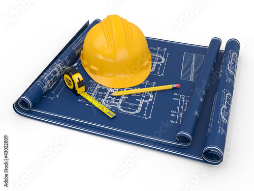 Ilustración: Construction concept. Hardhat, blueprint and rulers. Construction concept. Hardhat, blueprint and rulers.