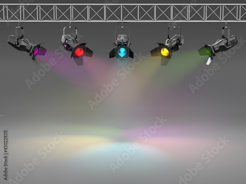 Illustration: Multicolor spotlights illuminated wall. Space for text Multicolor spotlights illuminated wall. Space for text
