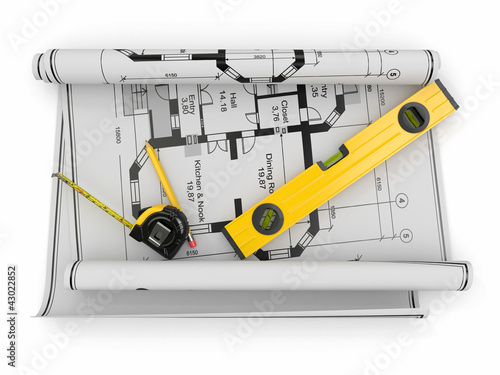 Illustration: Construction Concept. Blueprint, level and rulers Construction Concept. Blueprint, level and rulers
