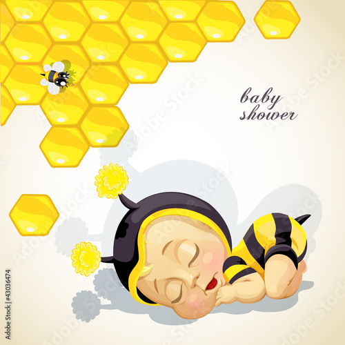 Vector: Baby shower card with newborn child dressed as bee Baby shower card with newborn child dressed as bee