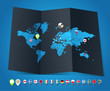 World map on old map and flags of different countries and symbol