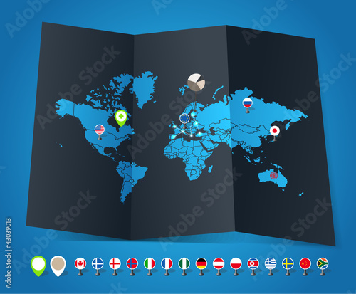 Vector: World map on old map and flags of different countries and symbol World map on old map and flags of different countries and symbol