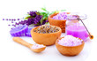 dry Lavender herbs and bath salt isolated on white background
