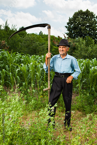 Photo: Senior farmer with scythe Senior farmer with scythe