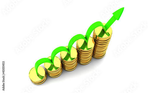 Illustration: grafico commerciale con freccia e monete per profitti e guadagni grafico commerciale con freccia e monete per profitti e guadagni