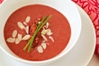 Strawberry gazpacho in a white bowl