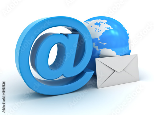 Illustration: At sign, globe and envelope on white background At sign, globe and envelope on white background