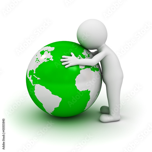Illustration: Love the earth concept, 3d man hugging green globe Love the earth concept, 3d man hugging green globe