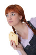 Woman with a block of Swiss cheese