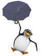3d Penguin in glasses flies with umbrella