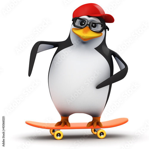 Illustration: 3d Penguin in baseball cap on skateboard 3d Penguin in baseball cap on skateboard