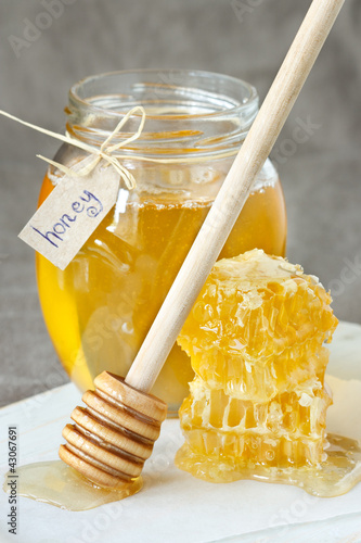 Photo: Honey and honeycombs. Honey and honeycombs.