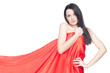 Lady in red with luxury hair, white background