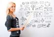 Portrait of young teacher pointing on white marker board in mode