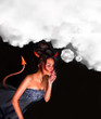 Sexy Devil woman with tail horns and red skin whispering somethi
