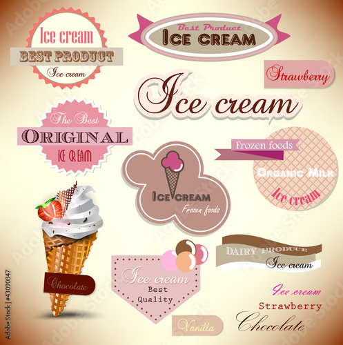 Vector: Set of vintage ice cream shop badges and labels Set of vintage ice cream shop badges and labels