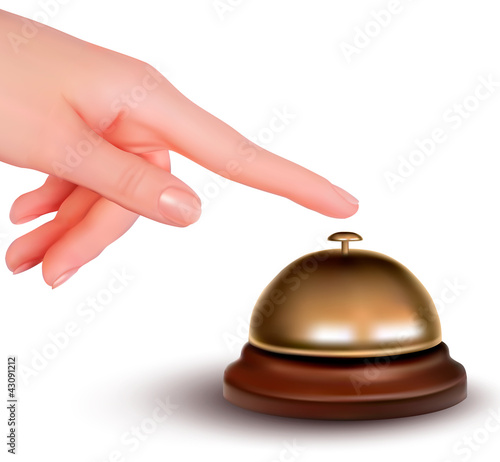 Vector: Hand ringing the bell to call. Service desk Hand ringing the bell to call. Service desk