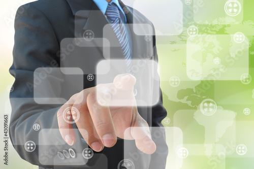 Photo: businessman hand pushing button businessman hand pushing button