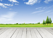 Wooden terrace looking out over a tropical cloud sky and green g