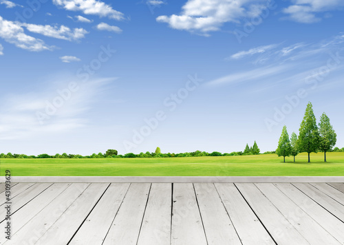 Photo: Wooden terrace looking out over a tropical cloud sky and green g Wooden terrace looking out over a tropical cloud sky and green g