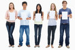 People in jeans holding five signs