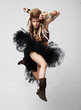 Vintage.  Retro style.  Excited female jumping in joy.  Antique