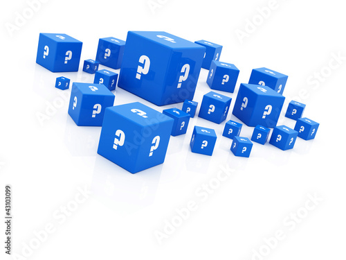 Illustration: blue "question mark" cubes falling blue "question mark" cubes falling