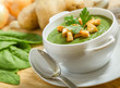 Cream soup with dried crusts and ingridients on a table
